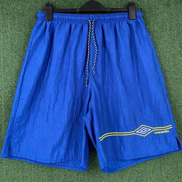 VTG 90’s Umbro Embroidered Blue & Yellow Windbreaker Shorts Men Large USA Made - Picture 1 of 5